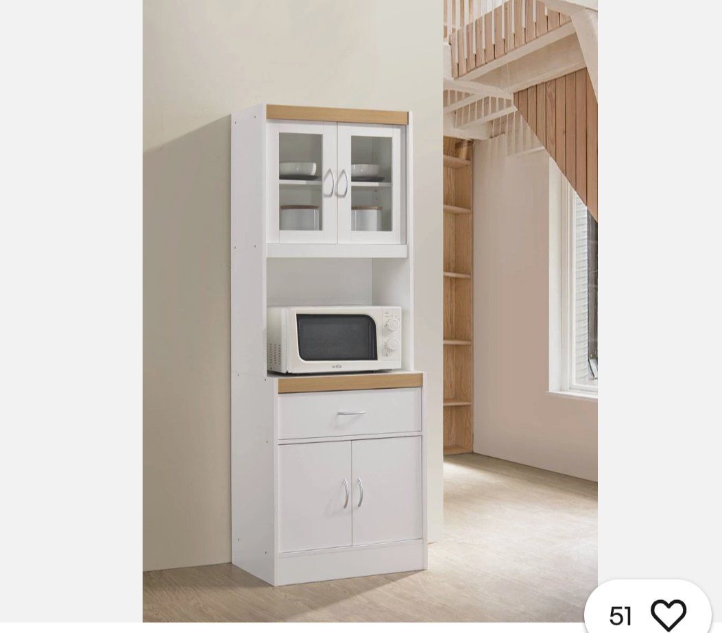 White & Wood Microwave Cabinet Pantry Storage with Glass Doors & Drawer