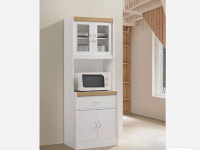 White & Wood Microwave Cabinet Pantry Storage with Glass Doors & Drawer