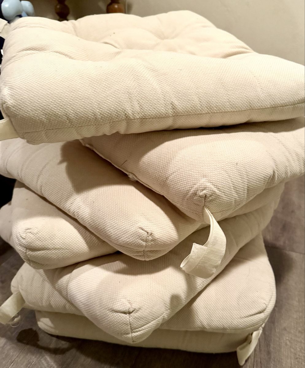 Set of 8 Cream Tufted Seat Cushions, Square Chair Pads with Ties