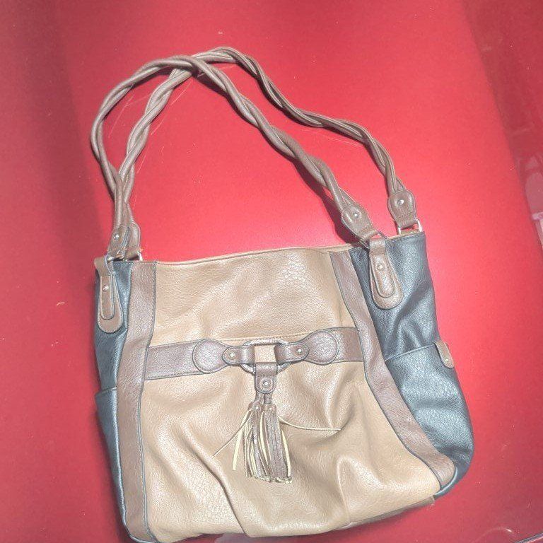 Multi-tone Brown & Black Faux Leather Hobo Bag with Tassel Accent