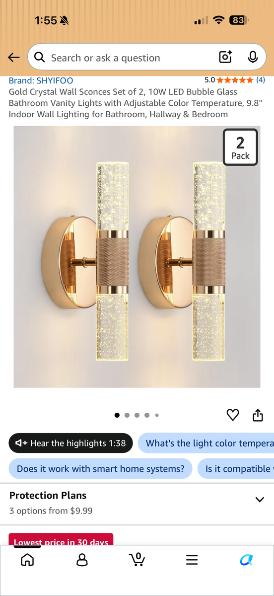 SHYIFOO Gold Crystal Wall Sconces Set of 2, 10W LED Bubble Glass Bathroom Vanity Lights — New