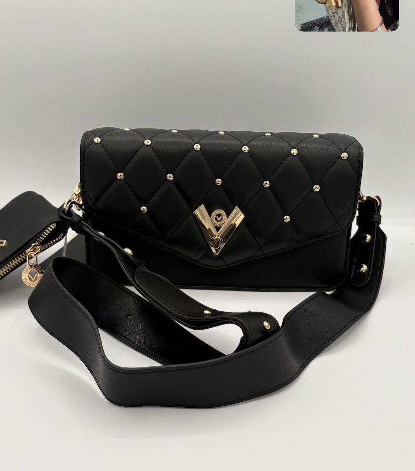 NWT Valentino Orlandi Black Vegan Leather Crossbody Bag With Coin Pouch