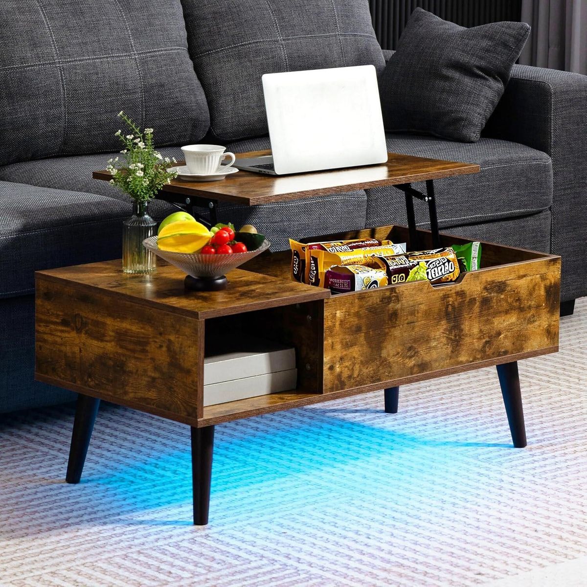 Coffee Table with USB Type-C Charging Station, LED Lights and Power Outlet,  Multifunctional Table with Hidden Compartment  for