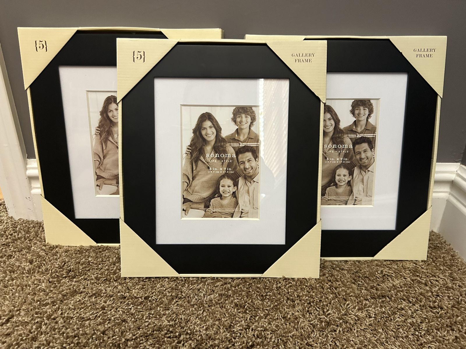 New, unused. Sonoma Life + Style Wide Matted Picture Frames - Black, 5x7 Opening (Set of 3)