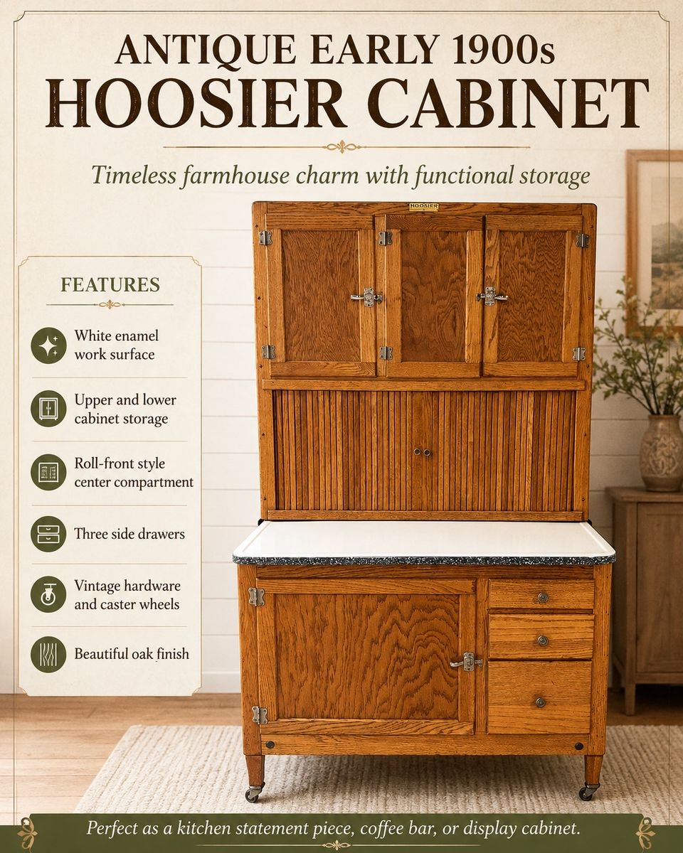 Antique Early 1900s Hoosier Cabinet with Oak Finish & Enamel Top