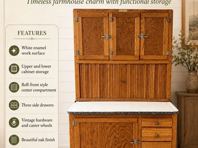 Antique Early 1900s Hoosier Cabinet with Oak Finish & Enamel Top