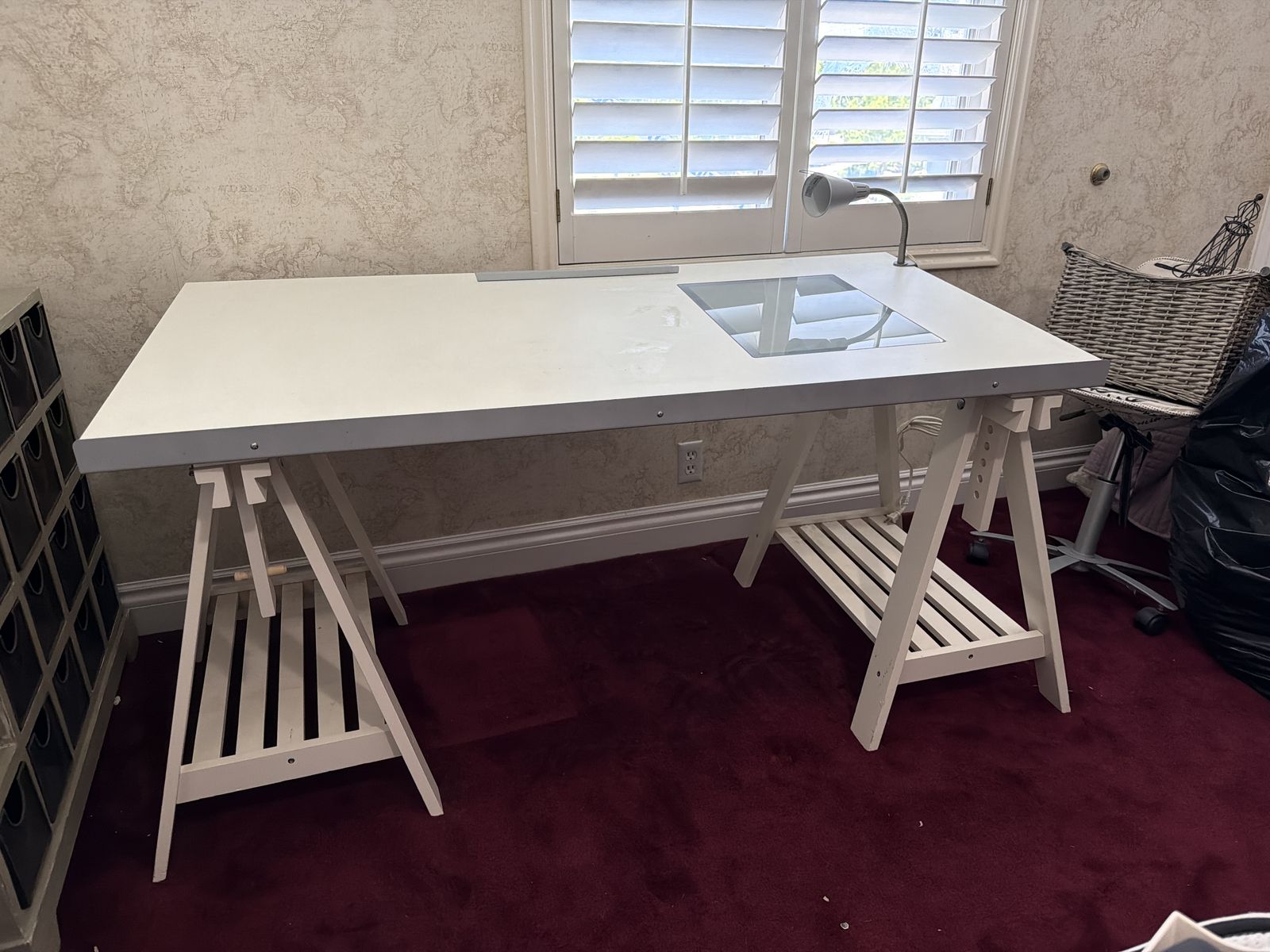 Large White Drafting Table with Adjustable Trestle Legs and Integrated Light Box