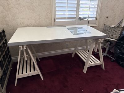 Large White Drafting Table with Adjustable Trestle Legs and Integrated Light Box