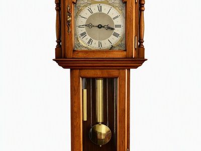 A Antique Vintage Wooden Grandmother Clock with Glass Door and Brass Pendulum