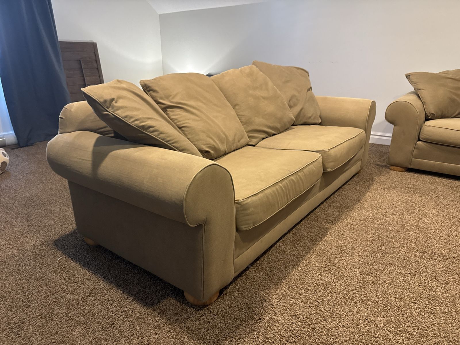 Comfortable Olive Fabric Couch/Sofa with Rolled Arms - Good Condition