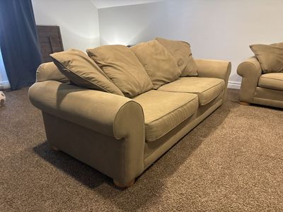 Comfortable Olive Fabric Couch/Sofa with Rolled Arms - Good Condition