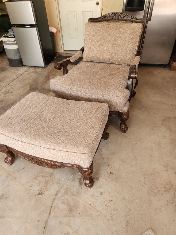 Ornate Carved Wood Armchair & Ottoman Set - Beige Upholstery, Traditional Style