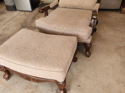 Ornate Carved Wood Armchair & Ottoman Set - Beige Upholstery, Traditional Style