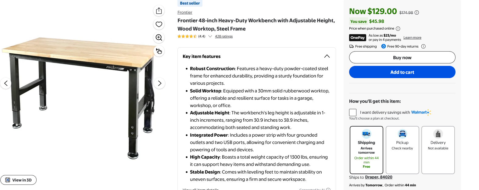 48-inch Heavy-Duty Workbench with Adjustable Height, Wood Worktop, Steel Frame