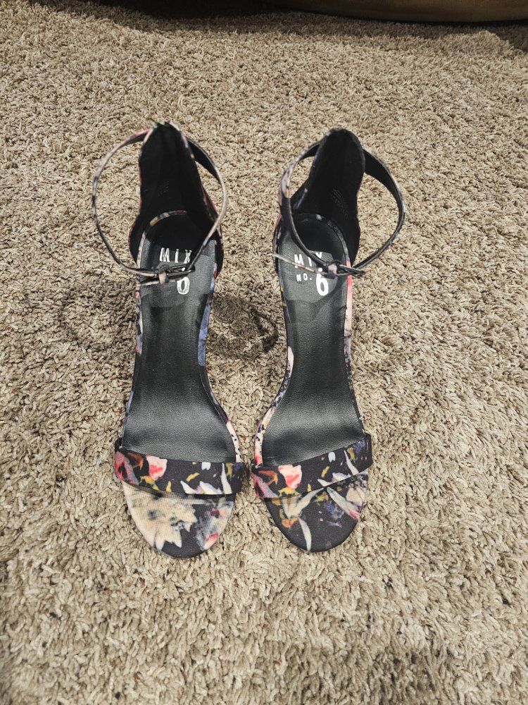 MIX NO. 6 Floral Ankle Strap Heels - Women's Size 7 - Multi-color Floral Pattern