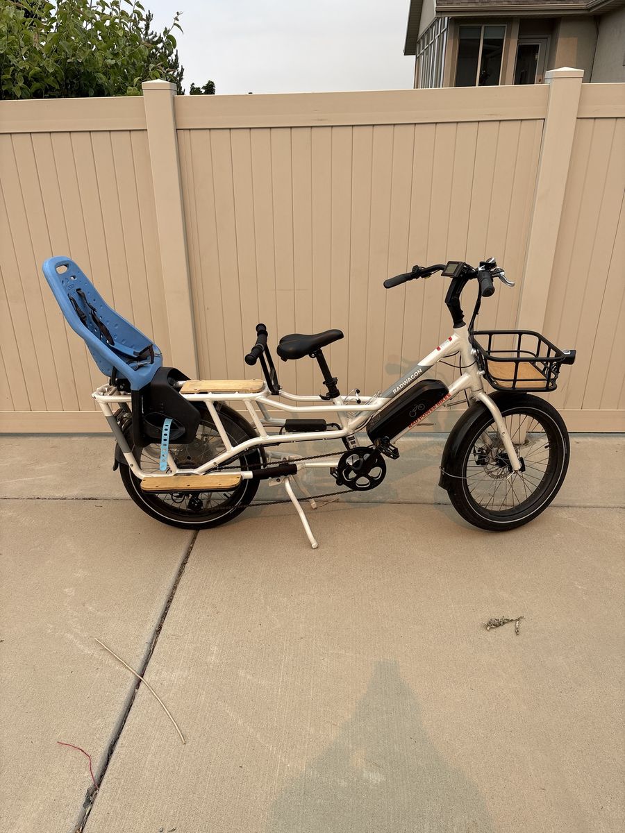 RadWagon 4 Electric Cargo Bike - White, with Child Seat and Front Basket