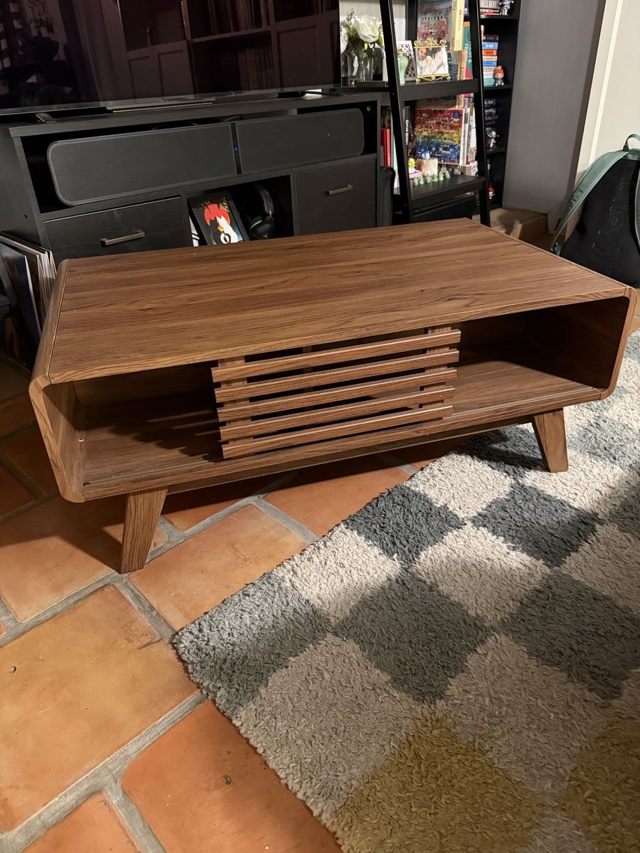 Mid-Century Modern Wood TV Stand with Sliding Door, Walnut Finish, Small Damage