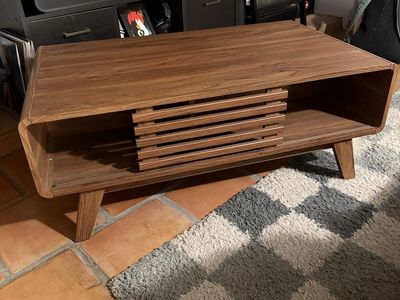 Mid-Century Modern Wood TV Stand with Sliding Door, Walnut Finish, Small Damage