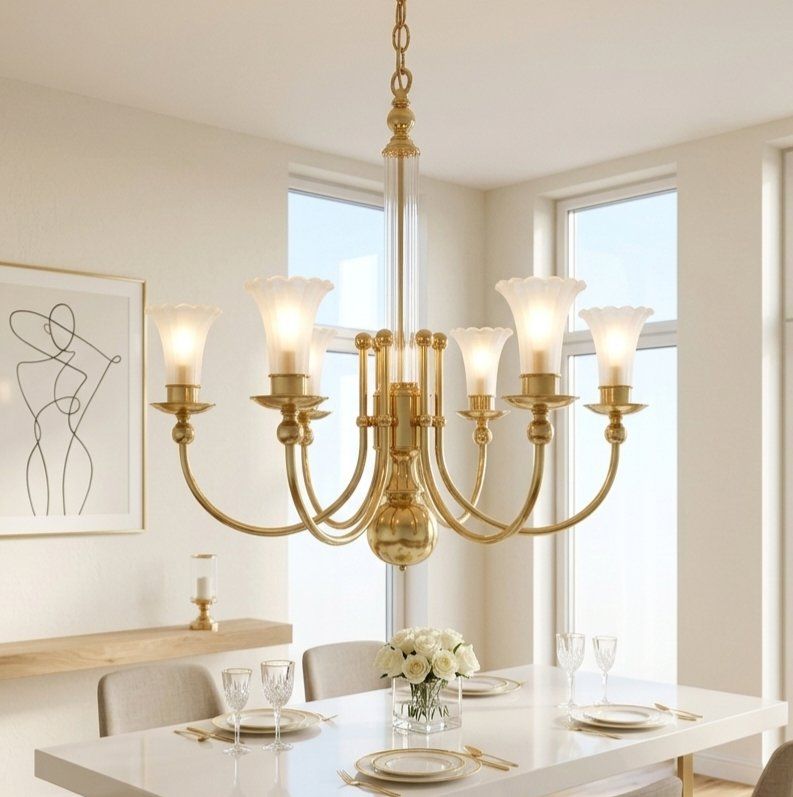 Vintage Brass + Glass Six Light Chandelier