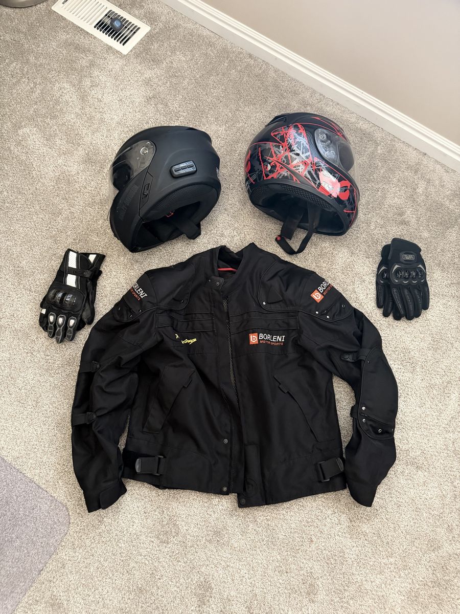 Harley Motorcycle helmet, motorcycle jacket, and gloves