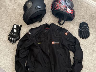 Harley Motorcycle helmet, motorcycle jacket, and gloves