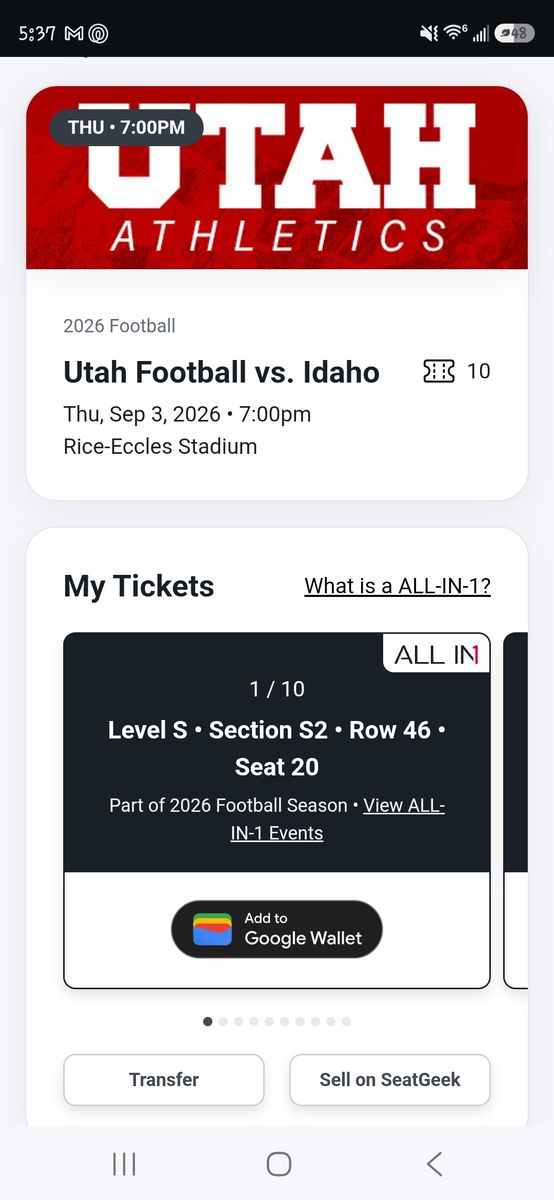 Utah vs Idaho Tickets & Parking Pass