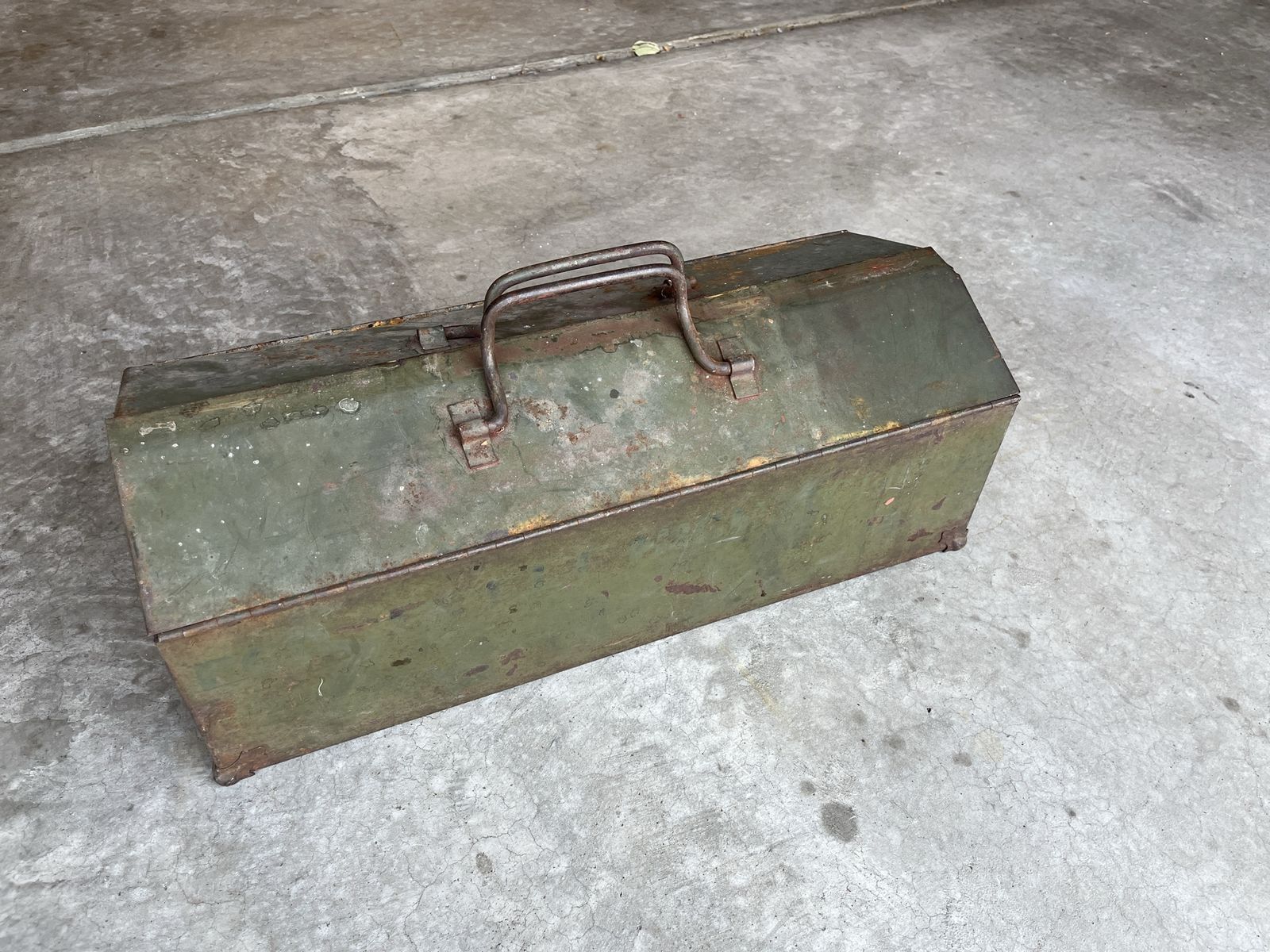 Vintage Green Metal Hip-Roof Tool Box with Carrying Handles