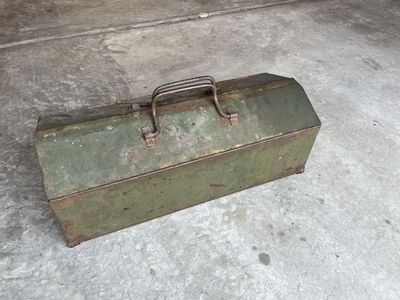 Vintage Green Metal Hip-Roof Tool Box with Carrying Handles