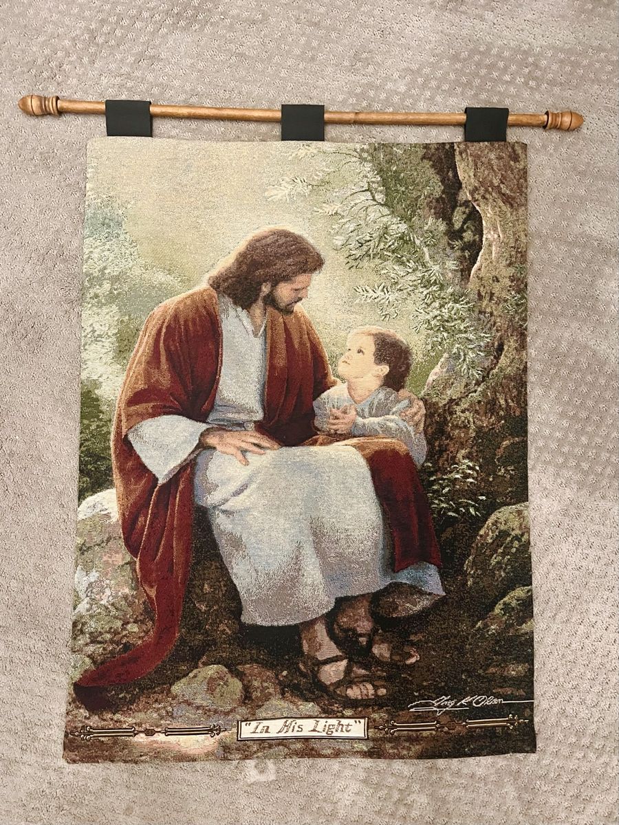 Lars H. Olson "In His Light" Jesus and Child Religious Tapestry Wall Hanging with Rod