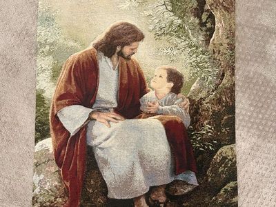 Lars H. Olson "In His Light" Jesus and Child Religious Tapestry Wall Hanging with Rod