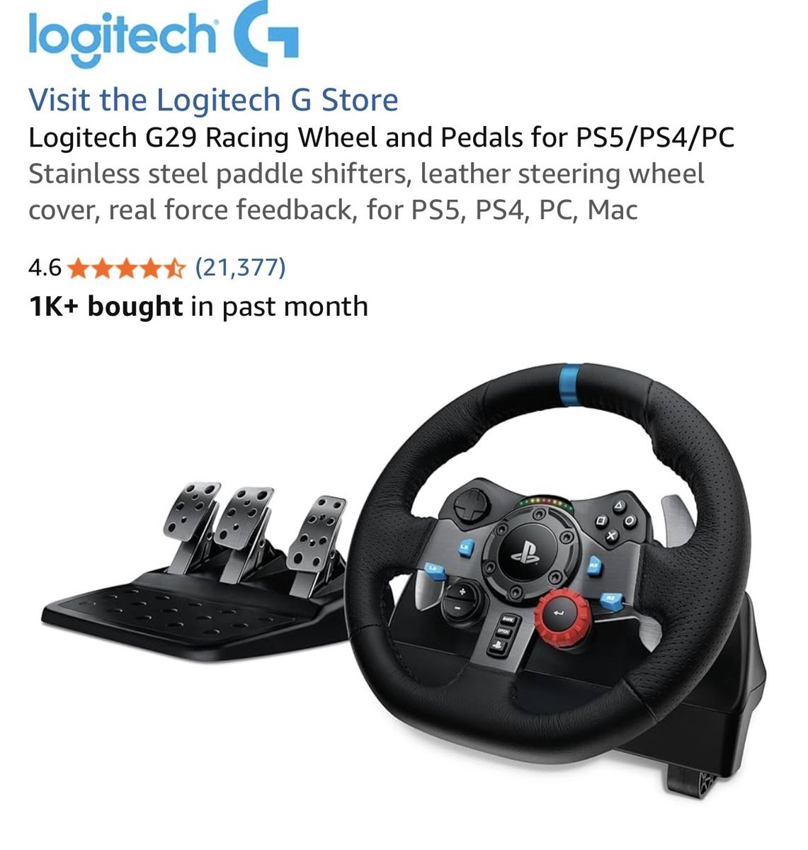Logitech G29 Driving Force Racing Wheel and Pedals for PS5, PS4, PC & Mac