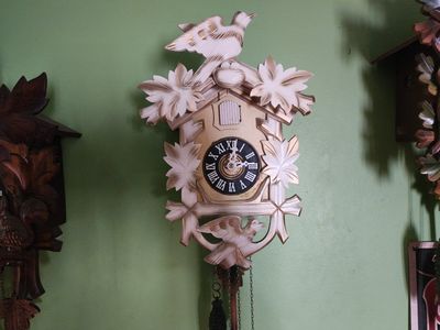 Vintage White and Gold hand Carved Wooden Cuckoo Clock from Germany