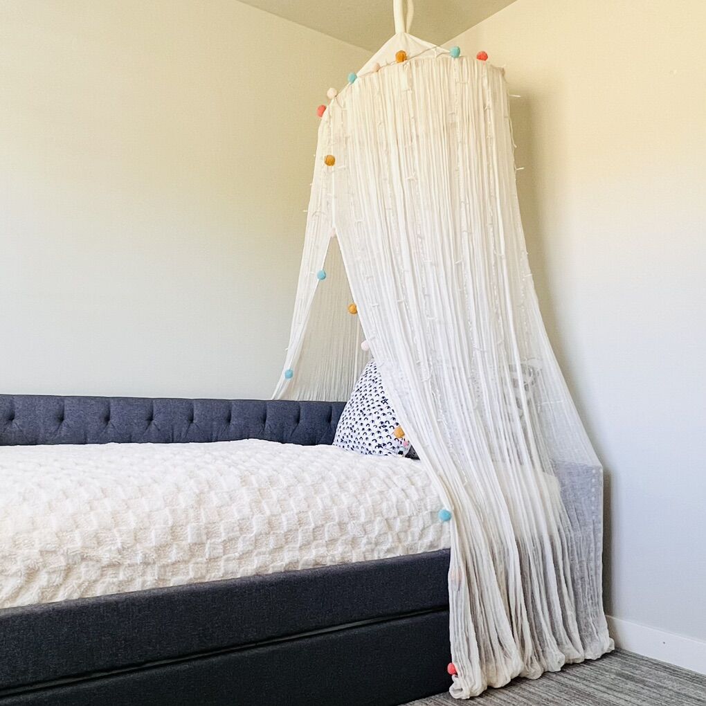 Canopy With Pom Poms and Cream Cotton Gauze