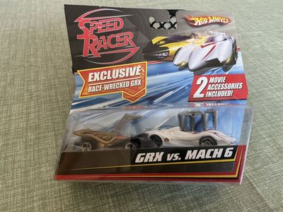 Hot Wheels Speed Racer Exclusive three car set. GRX vs Mach 6 Diecast Car Set and Mach 5 with jump jacks.