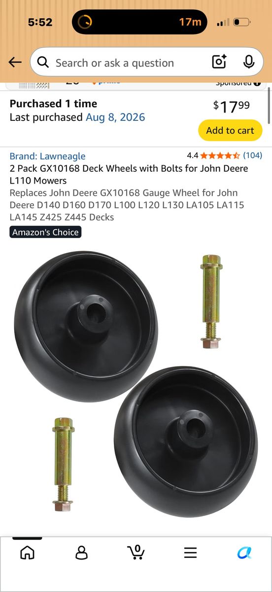 Lawneagle 2-Pack GX10168 Deck Wheels with Bolts for John Deere Mowers