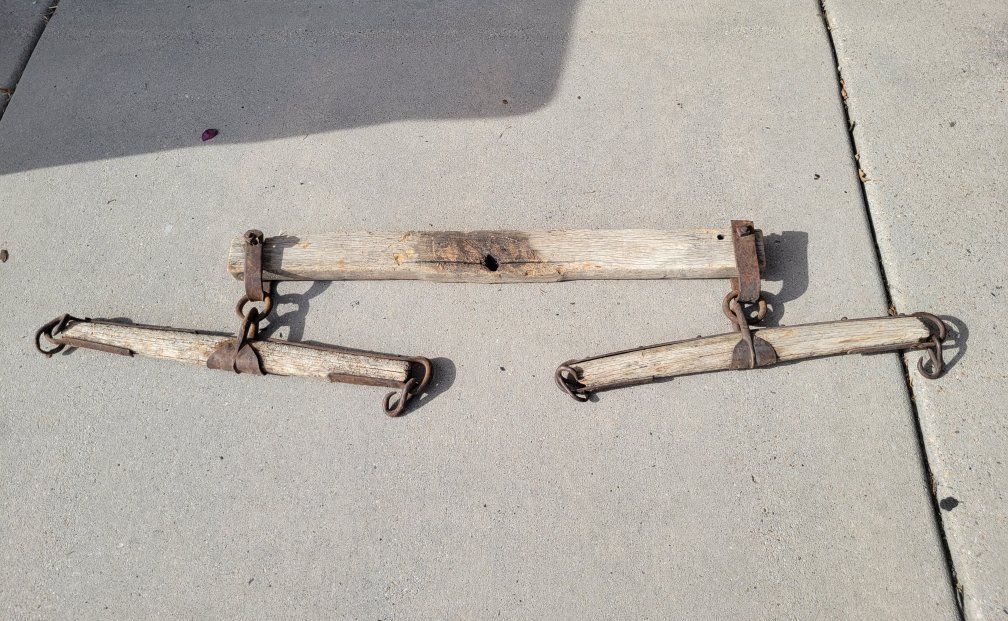 Vintage Wooden Doubletree Harness Yoke with Rusty Iron Hardware
