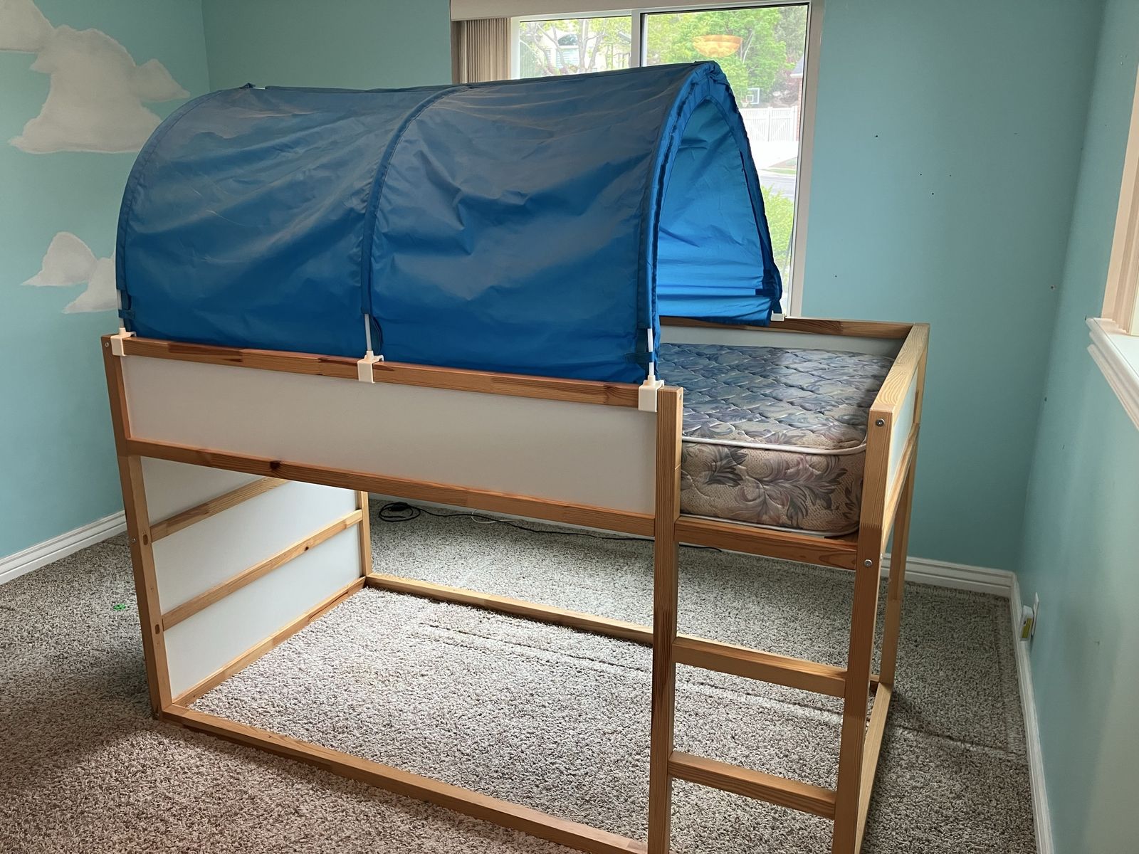 IKEA KURA Reversible Twin Bed + Mattress + Blue Canopy – $175