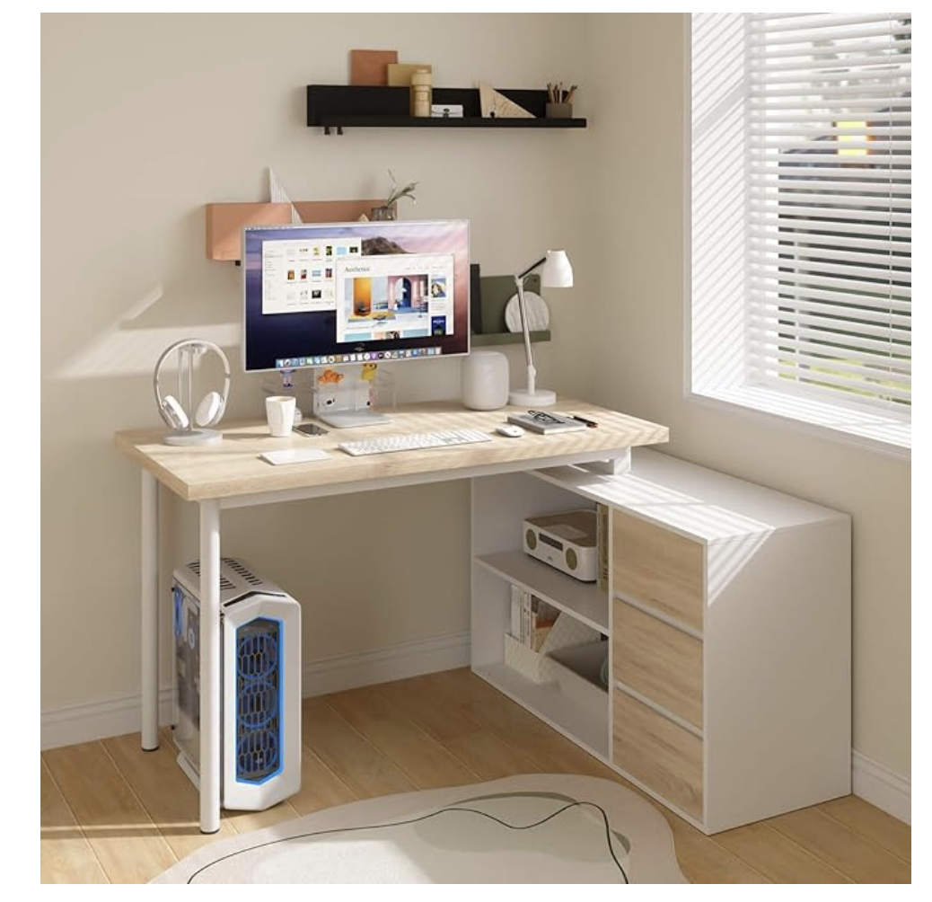 L Shaped Computer Desk, 47 Inch w/ File Drawers & Storage Shelves