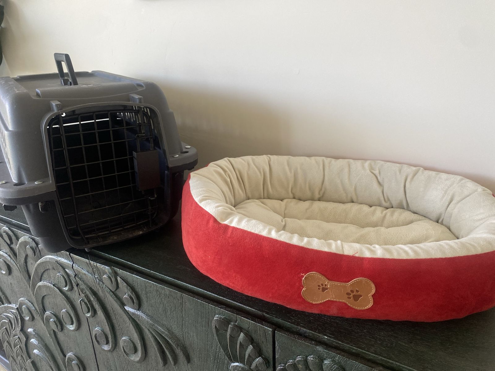 Small Pet Carrier and Soft Red Plush Pet Bed Bundle