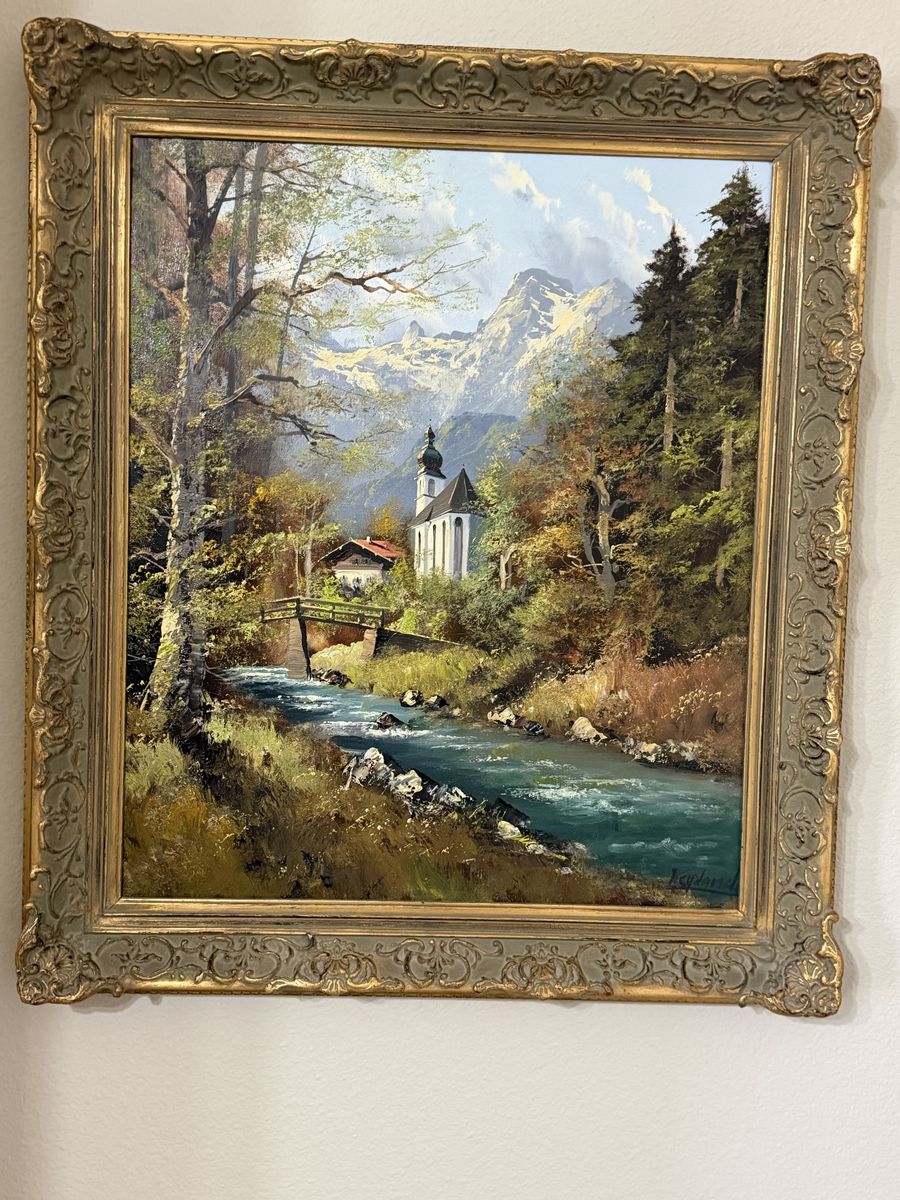 European Mountain Scenery Oil Painting Framed Wall Art, Signed, Gold Tone Ornate Frame