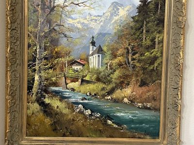 European Mountain Scenery Oil Painting Framed Wall Art, Signed, Gold Tone Ornate Frame