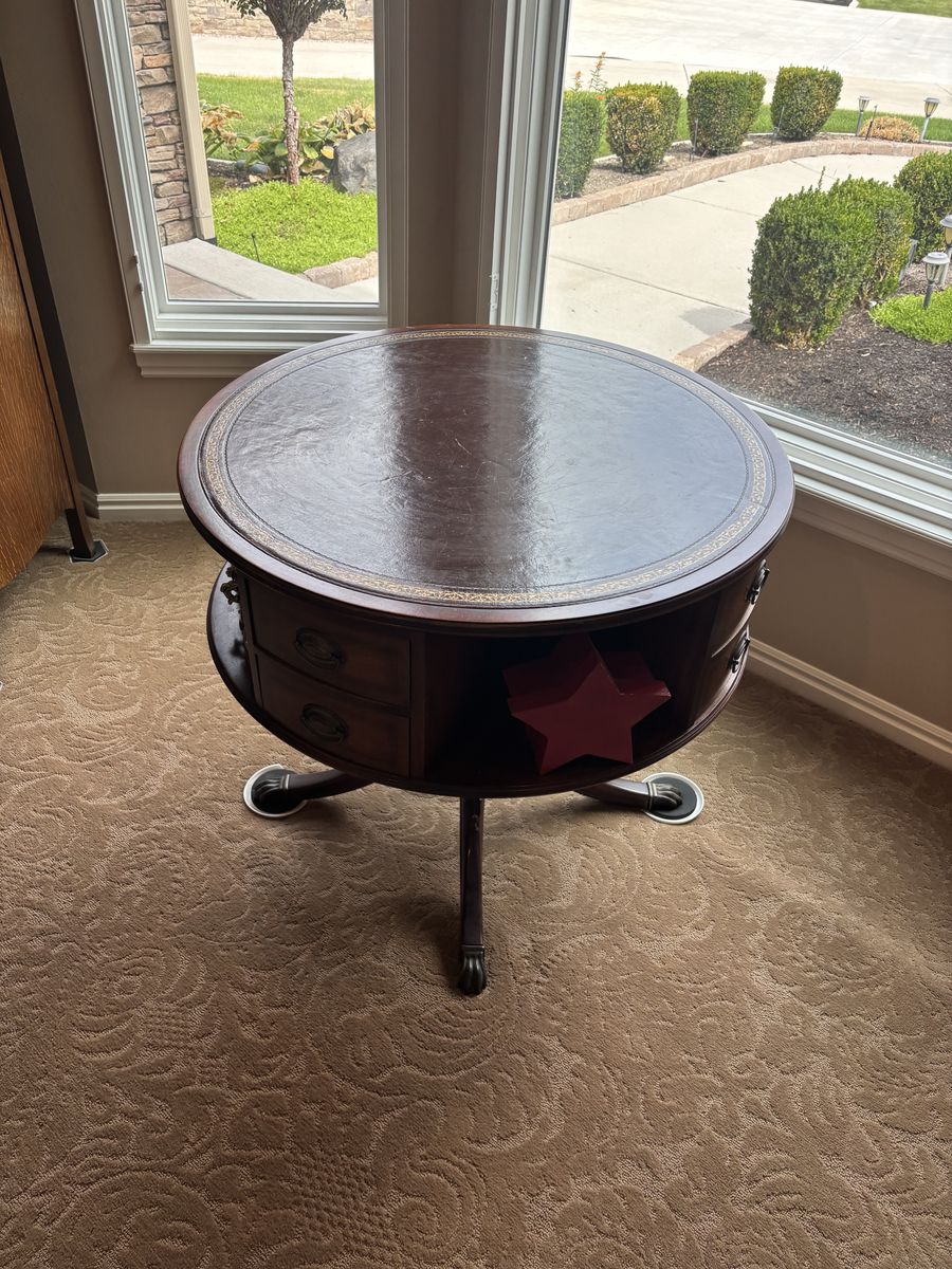 Vintage Round Drum Table with Leather Top, Drawers, and Shelves