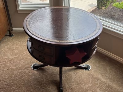 Vintage Round Drum Table with Leather Top, Drawers, and Shelves