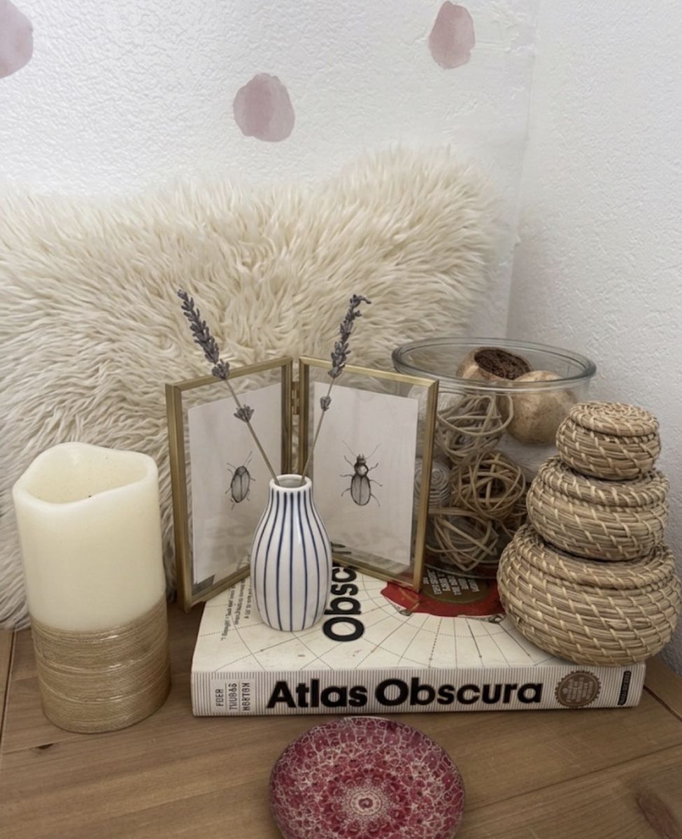 Modern Scandinavian Minimalist  Home Decor Bundle: Includes Atlas Obscura, Candle, Gold Photo Framed, Vase, Whicker Storage