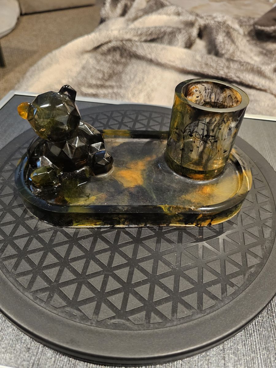 Handmade Resin Tray Set with Bear Figurine and Holder