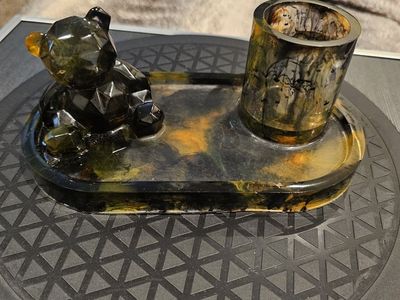 Handmade Resin Tray Set with Bear Figurine and Holder