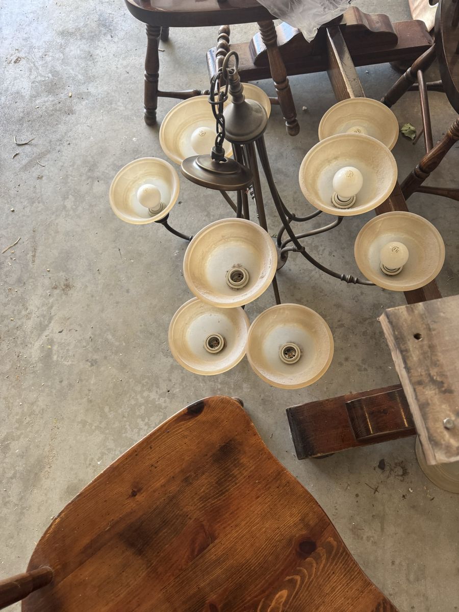 Used Bronze Chandelier with 8 Frosted Glass Shades and Matching Flush Mount Lights
