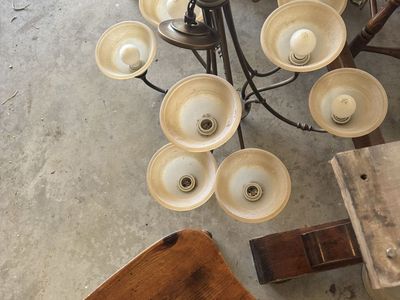 Used Bronze Chandelier with 8 Frosted Glass Shades and Matching Flush Mount Lights
