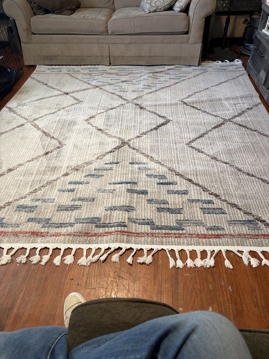Large Geometric Area Rug with Fringed Edges - Gray/Multi