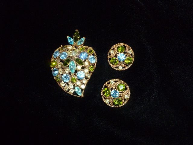 1950's Blues and Greens Rhinestone Pin and Clip Earrings